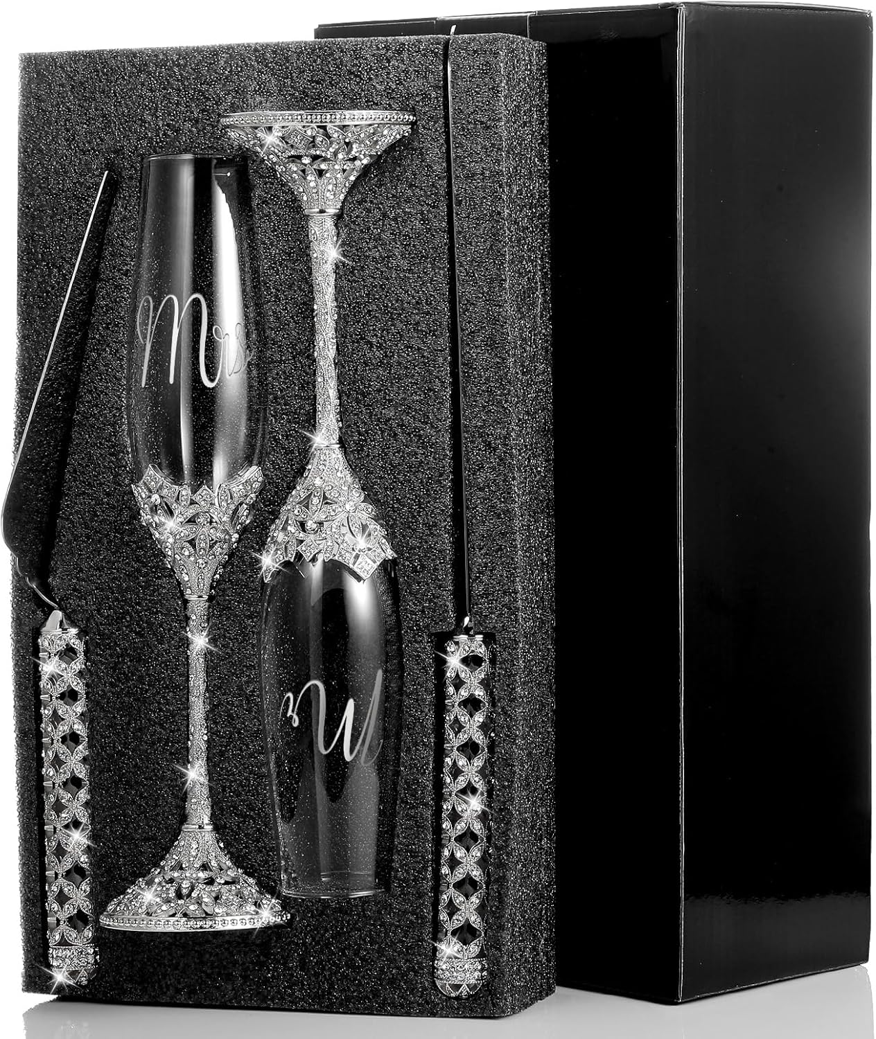 Sratte 4 Pcs Wedding Cake Knife and Champagne Flutes Server Set, Toasting Crystal Rhinestone Champagne Flutes Glasses Cake Knife Pie Server Wedding Gifts for Couple Bride Groom(Gold)
