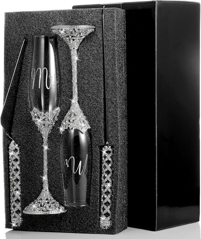Sratte 4 Pcs Wedding Cake Knife and Champagne Flutes Server Set, Toasting Crystal Rhinestone Champagne Flutes Glasses Cake Knife Pie Server Wedding Gifts for Couple Bride Groom(Gold)