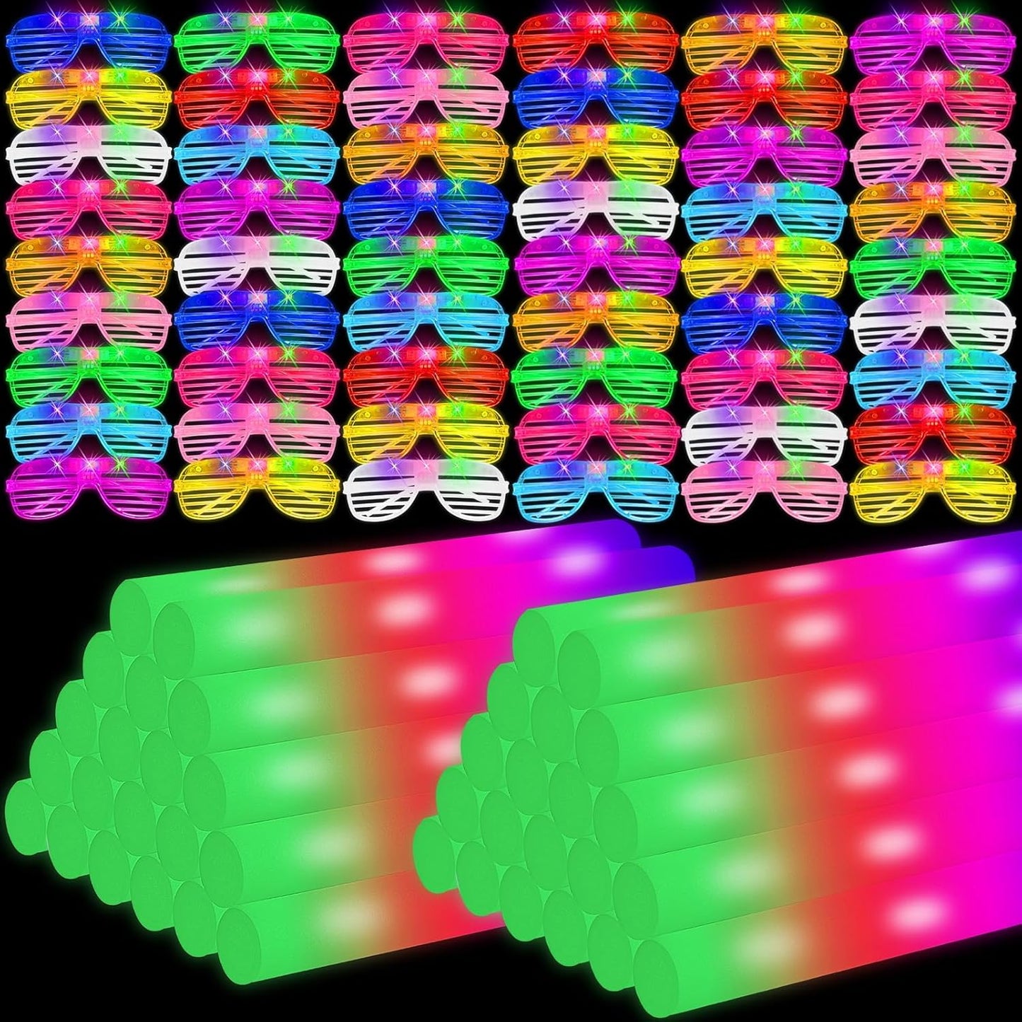 Oleitodh Glow in the Dark Party Supplies Set Bulk Neon Party Favor Toys Includes 30 Led Light up Glasses 10 Color 30 Light up Foam Sticks Bulk for Disco Wedding Birthday Concert Halloween Raves Party