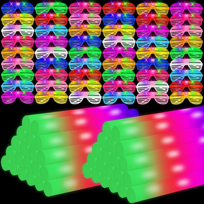 Oleitodh Glow in the Dark Party Supplies Set Bulk Neon Party Favor Toys Includes 30 Led Light up Glasses 10 Color 30 Light up Foam Sticks Bulk for Disco Wedding Birthday Concert Halloween Raves Party