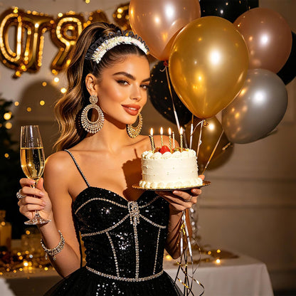 Birthday Baddie Glitter Headband and Sash Set, Black with Iridescent Tinsel, Birthday Party Accessories