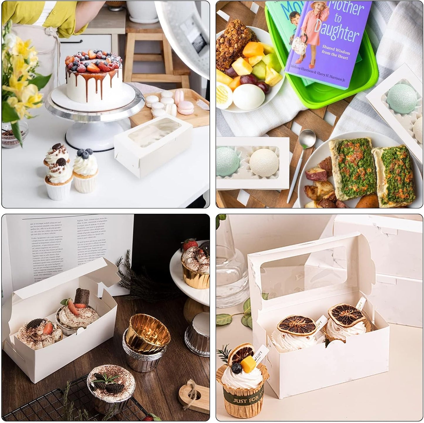 30 Pack White Paper Cupcake Boxes with 2 Cavity Cookie Gift Boxes with Clear Window 2 Treat Holder Cupcake Containers Bakery Cake Box for Birthday Party Holiday Bakery Supplies