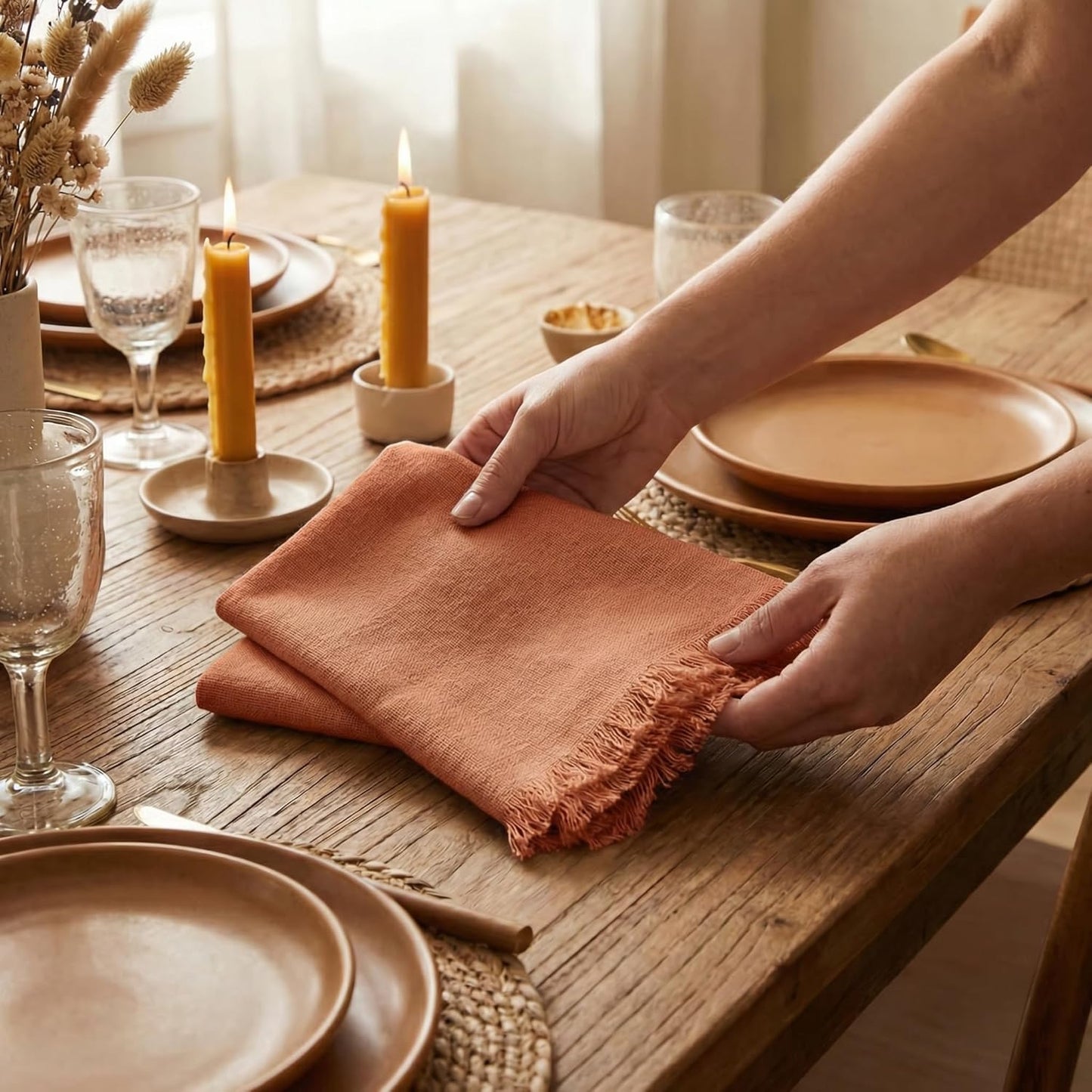 ACCENTHOME Natural Cotton Linen Napkin Set of 12 18x18 inch Dinner Napkins - Washable Soft Premium Hotel Quality Reusable Hemmed Edges Napkins Perfect Table Linens for Family Dinners, Weddings
