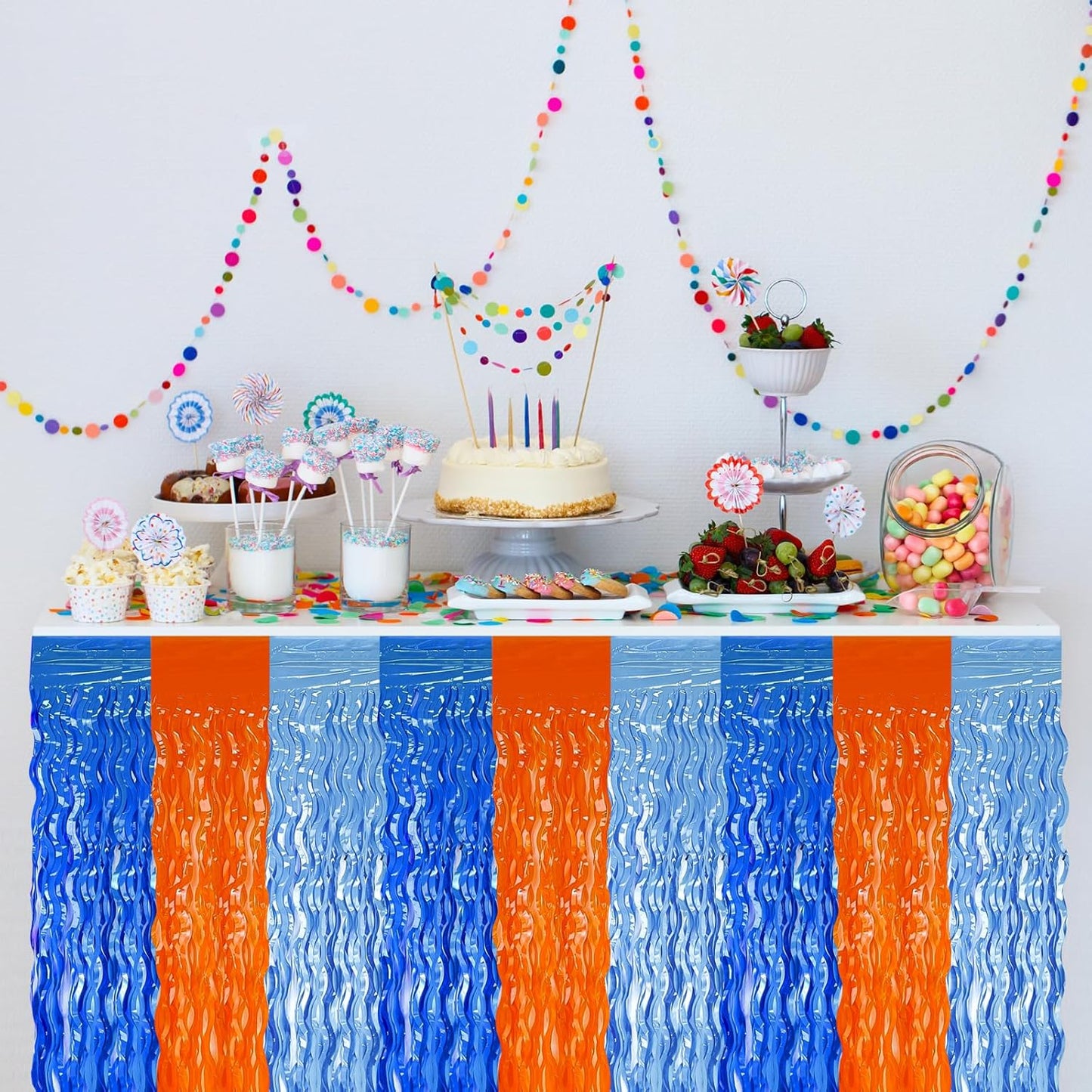 2 Pack 29.5x108 Inch Silver Foil Tinsel Fringe Table Skirts, Disposable Table Skirts for Rectangle Tables Curtains Backdrop Parade Wedding Floats Baby Shower Birthday Mardi Gras Party