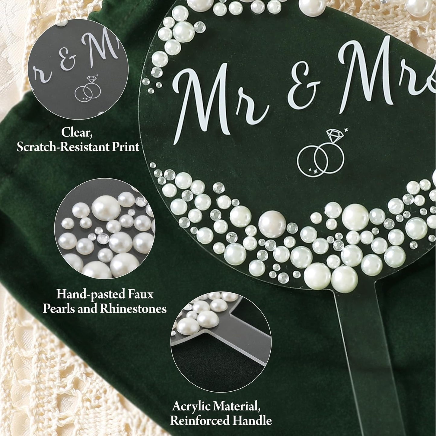 Coucoland Mr and Mrs Cake Topper - Heart Wedding Cake Decor with Rhinestones and Pearls for Engagement Bridal Anniversary