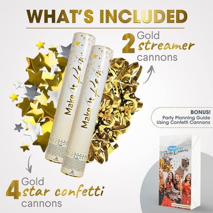 PrimePure Confetti Cannon Party Poppers - Holographic Silver Stars Confetti Popper - 2 Pack - Party Cannon Silver Glitter Star Pop Gun for Birthday, Wedding, Graduation, Celebration, Pranks