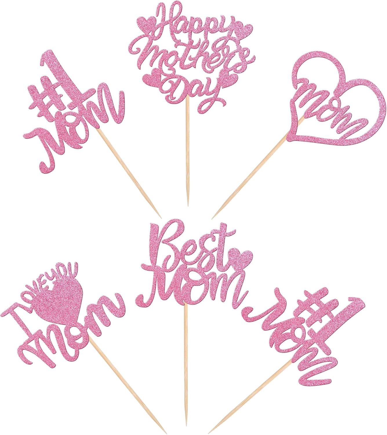 24 PCS Happy Mother's Day Cupcake Toppers with Glitter Heart Love Mother Best Mom Cupcake Picks for Happy Mother's Day Theme Women Birthday Party Cake Decorations Supplies Rose Gold