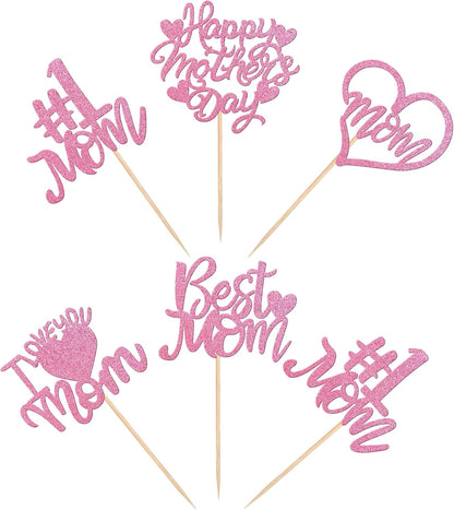 24 PCS Happy Mother's Day Cupcake Toppers with Glitter Heart Love Mother Best Mom Cupcake Picks for Happy Mother's Day Theme Women Birthday Party Cake Decorations Supplies Rose Gold