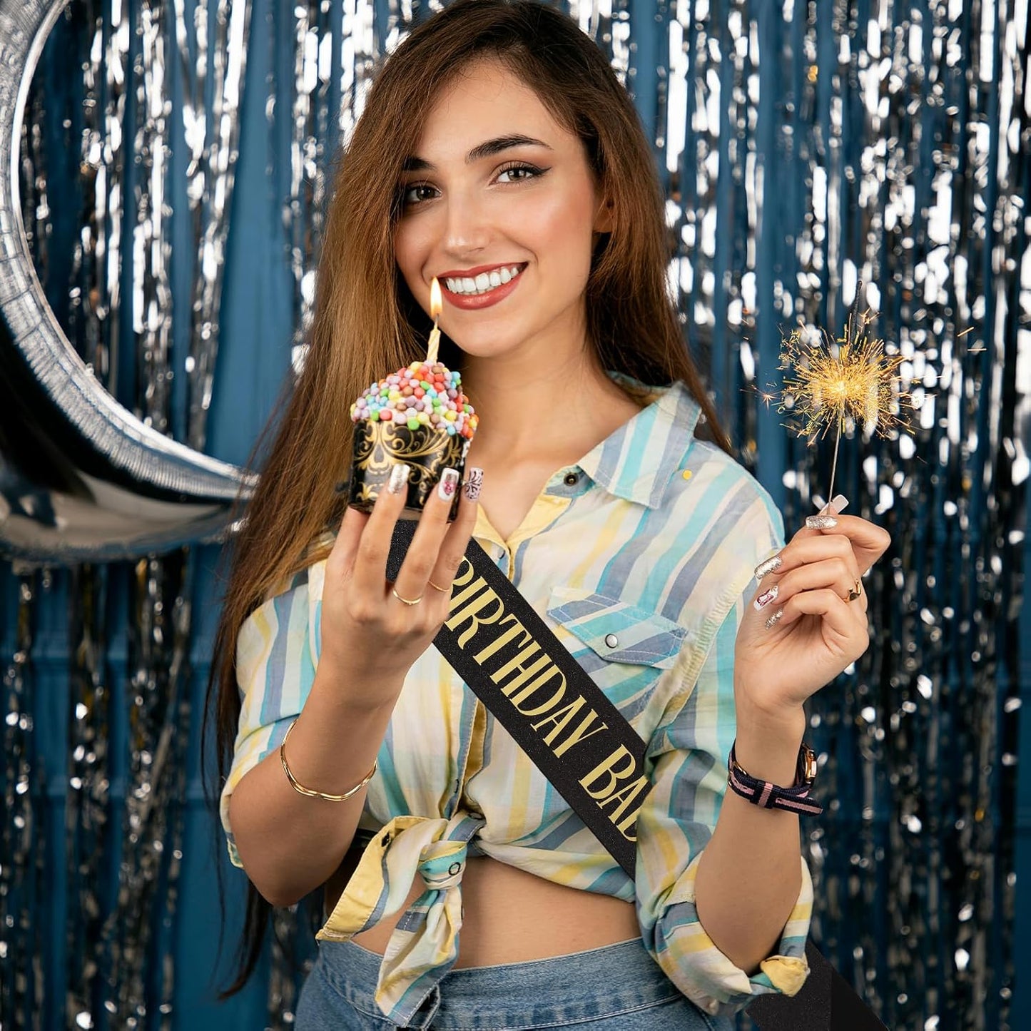 Birthday Baddie Sash, Black Glitter Birthday Sash for Women Men Girls, Gold Foil Funny BirthdaySash Decorations Party Favors Accessories Supplies (Gold)