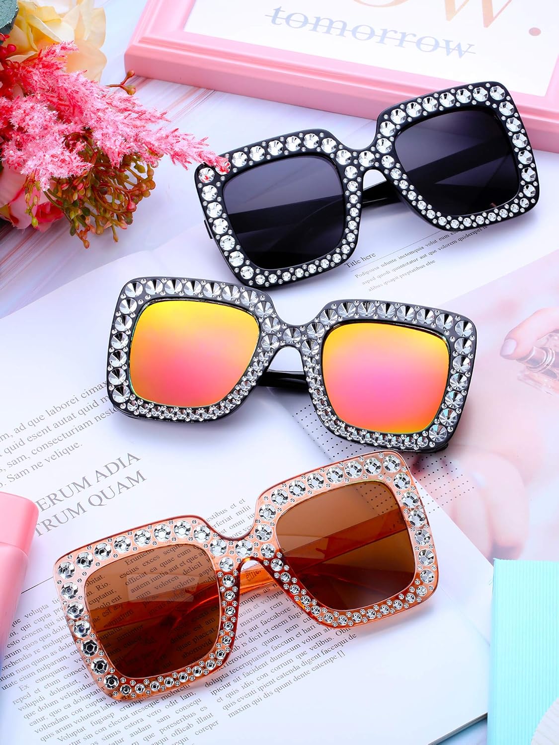 9 Pairs Rhinestone Oversized Square Sunglasses for Women Sparkling Bling Crystal Sunglasses AC Frame Glasses for Women