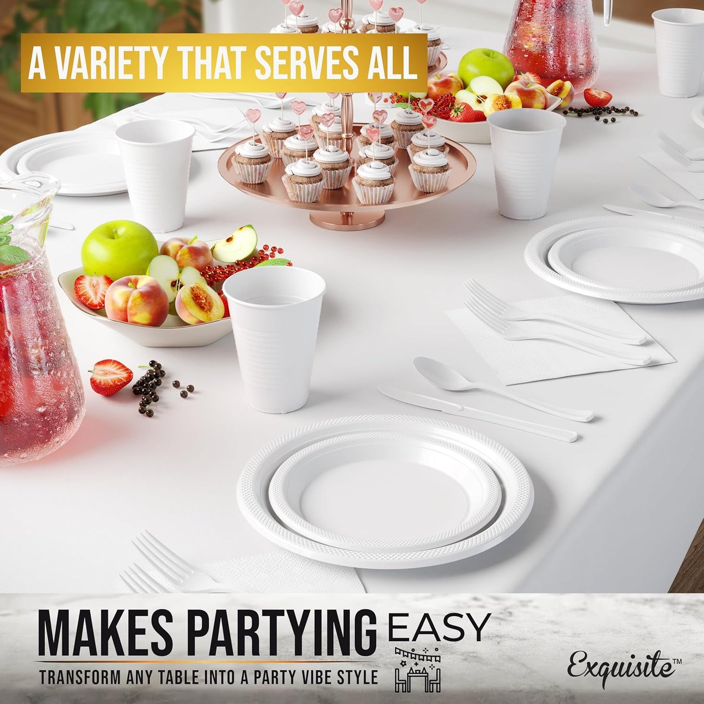 350 Pcs Black Plastic Plates For Party, Black Disposable Plates Set, 50 Of Each 9" Dinner Plate Set, 7" Dessert Plate, Cups, Napkins & Cutlery Plastic Dinnerware Set Exquisite