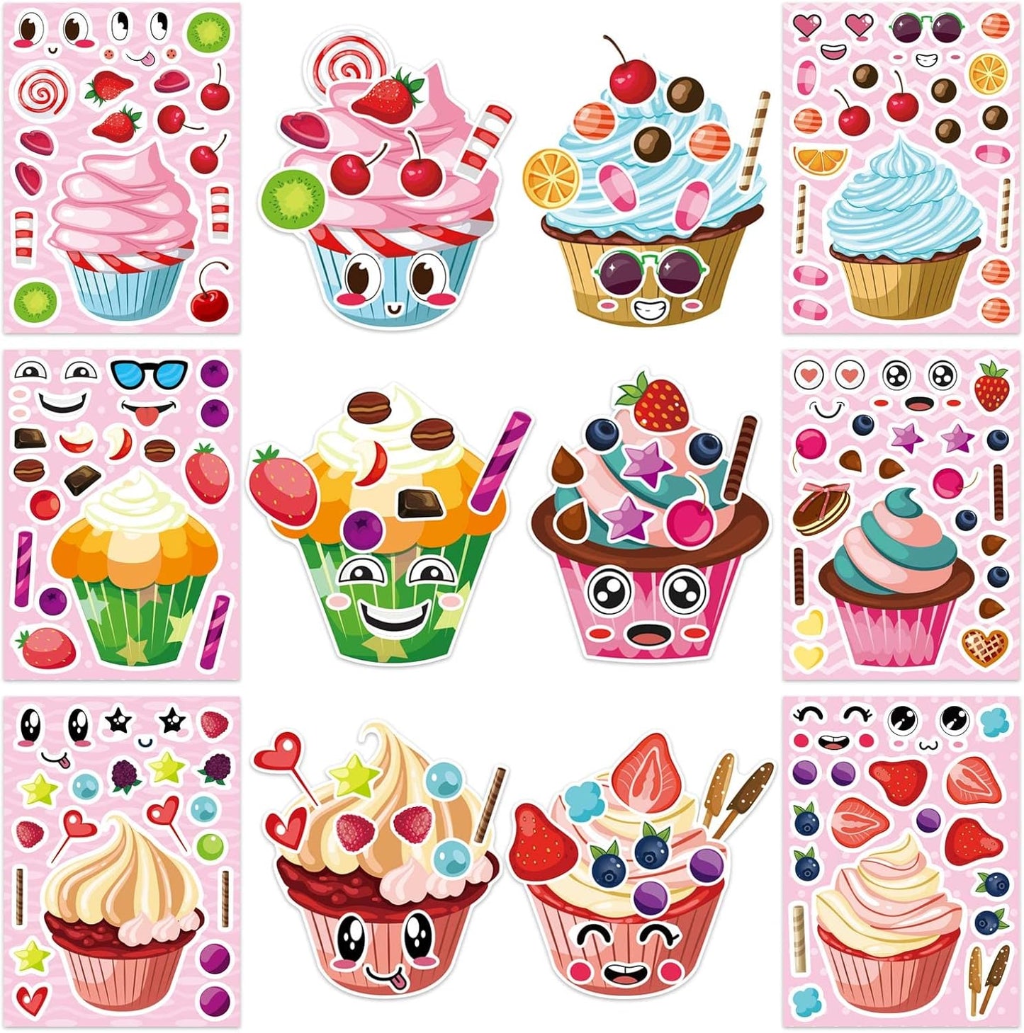 24 Sheets Make-a-face Cupcake Stickers Make Your Own Dessert Stickers Mix and Match Sweets and Fruit Treats Party Favor Supplies for Kids Ice Cream Sticker Games Birthday DIY Art Crafts