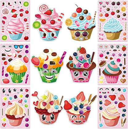 24 Sheets Make-a-face Cupcake Stickers Make Your Own Dessert Stickers Mix and Match Sweets and Fruit Treats Party Favor Supplies for Kids Ice Cream Sticker Games Birthday DIY Art Crafts