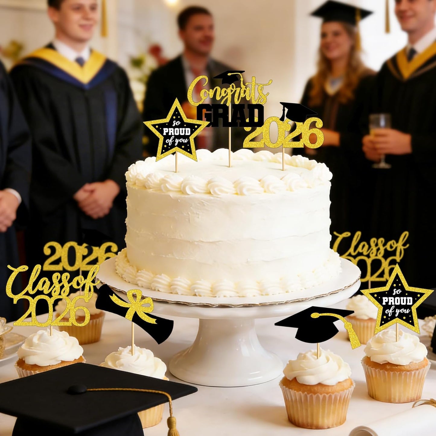 48 PCS Graduation Cupcake Toppers, Glittery 6 Styles Congrats Grad Cake Topper, Black and Red Graduation Decorations 2026, Cap and Diploma Cake Picks for Grad Party Supplies