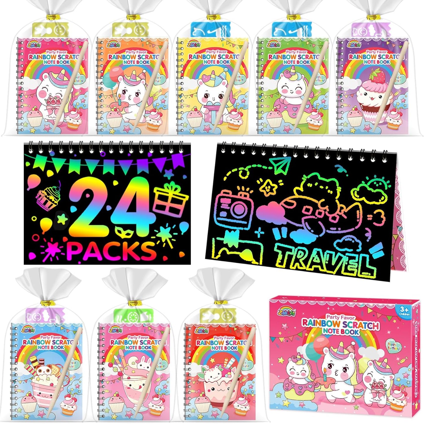 ZMLM 24 Pack Scratch Art Party Favors: Birthday Party Favors for Kids 4-8, Bulk Rainbow Scratch Notebook Paper Pads, Goodie Bags Stuffers Girls Boys Classroom Gifts Crafts Toys