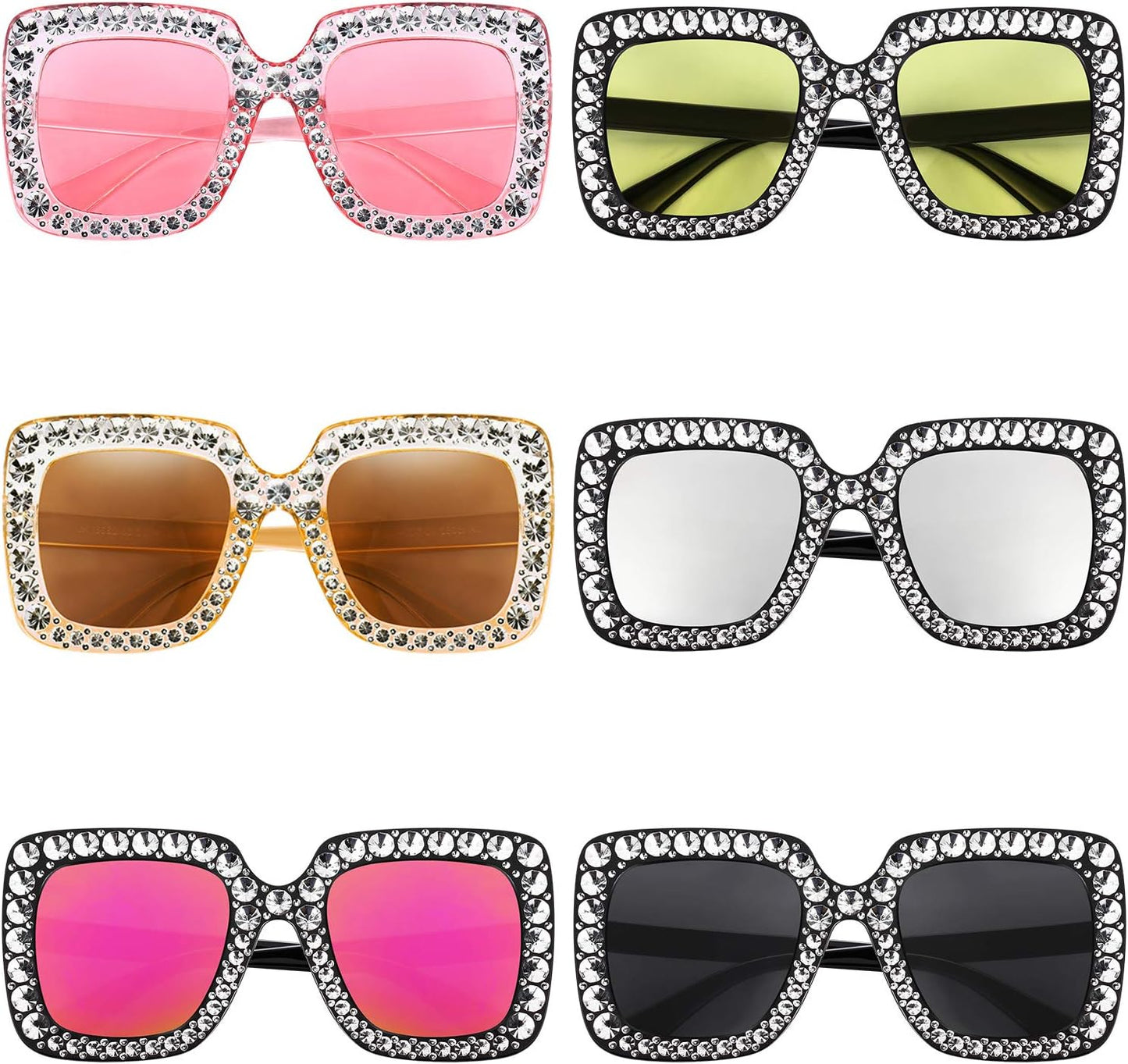 Frienda 6 Pairs Rhinestone Oversized Square Sunglasses 70s Women Dazzled Sunglasses for Disco Party Concert Photo Props
