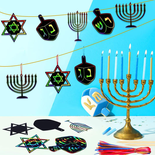 Fullhawl 100 Pcs Purim Scratch Paper Craft Set Dreidel Scratch Cards DIY Dreidel Hanging Art Kit Drawing Rainbow Color Sheet for Men Women Purim Passover Gifts Activity Hanukkah Chanukah Party Favors