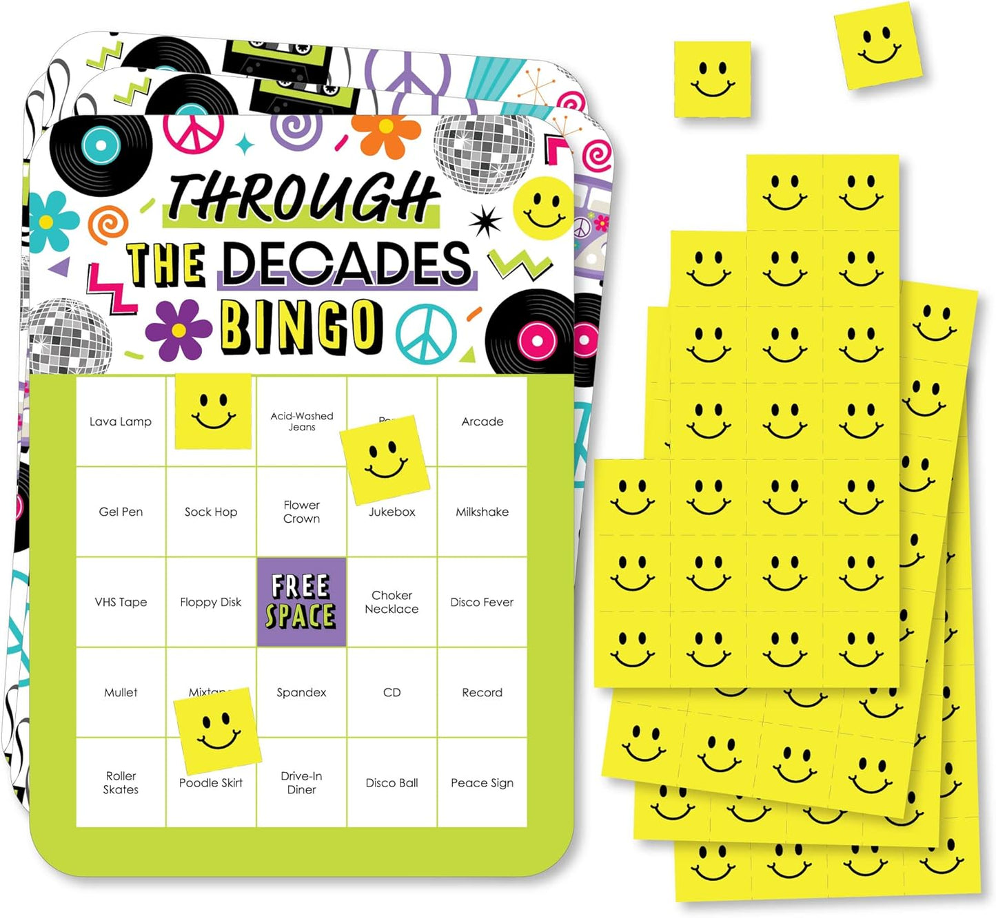 Big Dot of Happiness Through the Decades - Bingo Cards and Markers - 50s, 60s, 70s, 80s, and 90s Party Bingo Game - Set of 18
