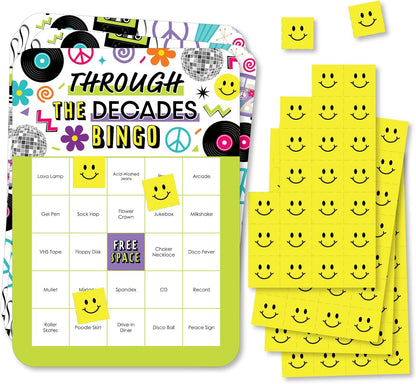 Big Dot of Happiness Through the Decades - Bingo Cards and Markers - 50s, 60s, 70s, 80s, and 90s Party Bingo Game - Set of 18