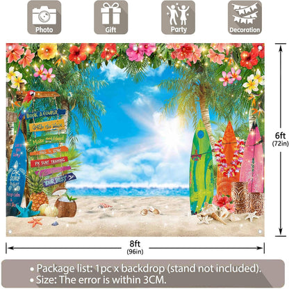 7x5ft Summer Hawaiian Beach Photography Backdrop Tropical Flower Palm Leaves Surfboard Background for Luau Aloha Party Decoration Banner Photo Booth
