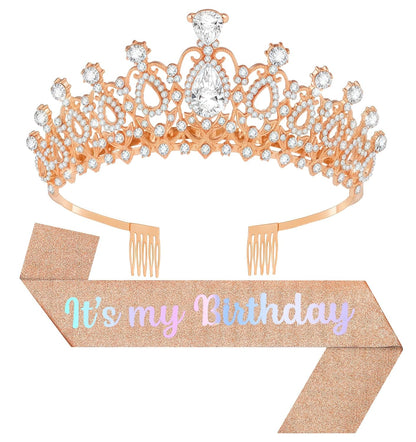 Birthday Tiara and Crown with Sash, Birthday Tiara for Women Party Silver