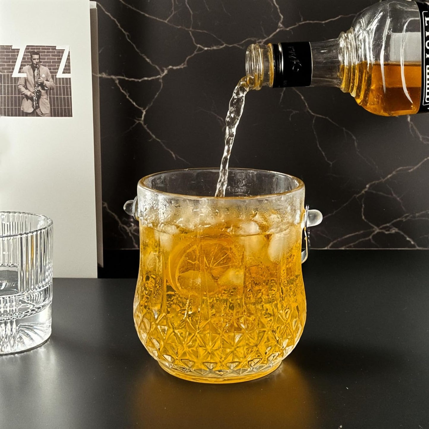Lily's Home 1000ml -4.62" L x 4.62" W x 8.5" H - Glass Ice Bucket with Handle and Stainless Steel Tongs, Sparkling Ice Buckets, for Party,Wine Home Bar, Beer, Champagne, Cocktail Bar, Mini & Portable