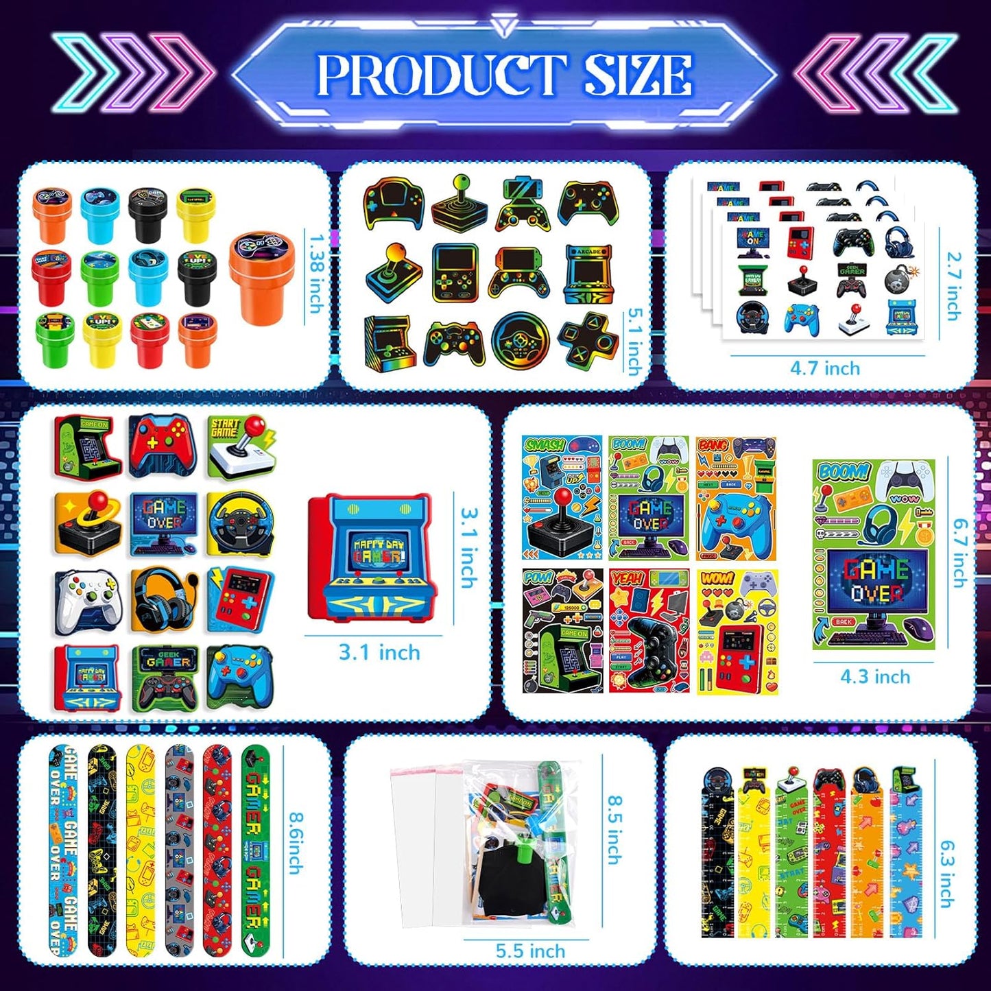 BenLouis 96 Pcs Video Game Party Favors Neon School Stationery Bulk for Kids Classroomgame Level Up Birthday Gift Candy Goodie Bag Fillers Fun Glow Gamepad Game Decor Pinata Prize Activity Supplies