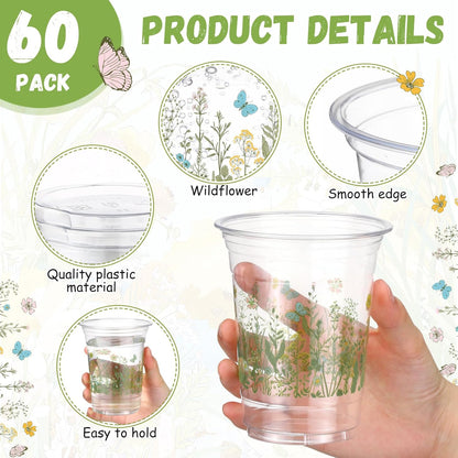 Hushee 60 Pcs Purple Floral Cups with Spring Summer Flower 16 oz Wildflowers Plastic Disposable Drinking Cups for Summer Spring Birthday Baby Shower Wedding Party Supplies