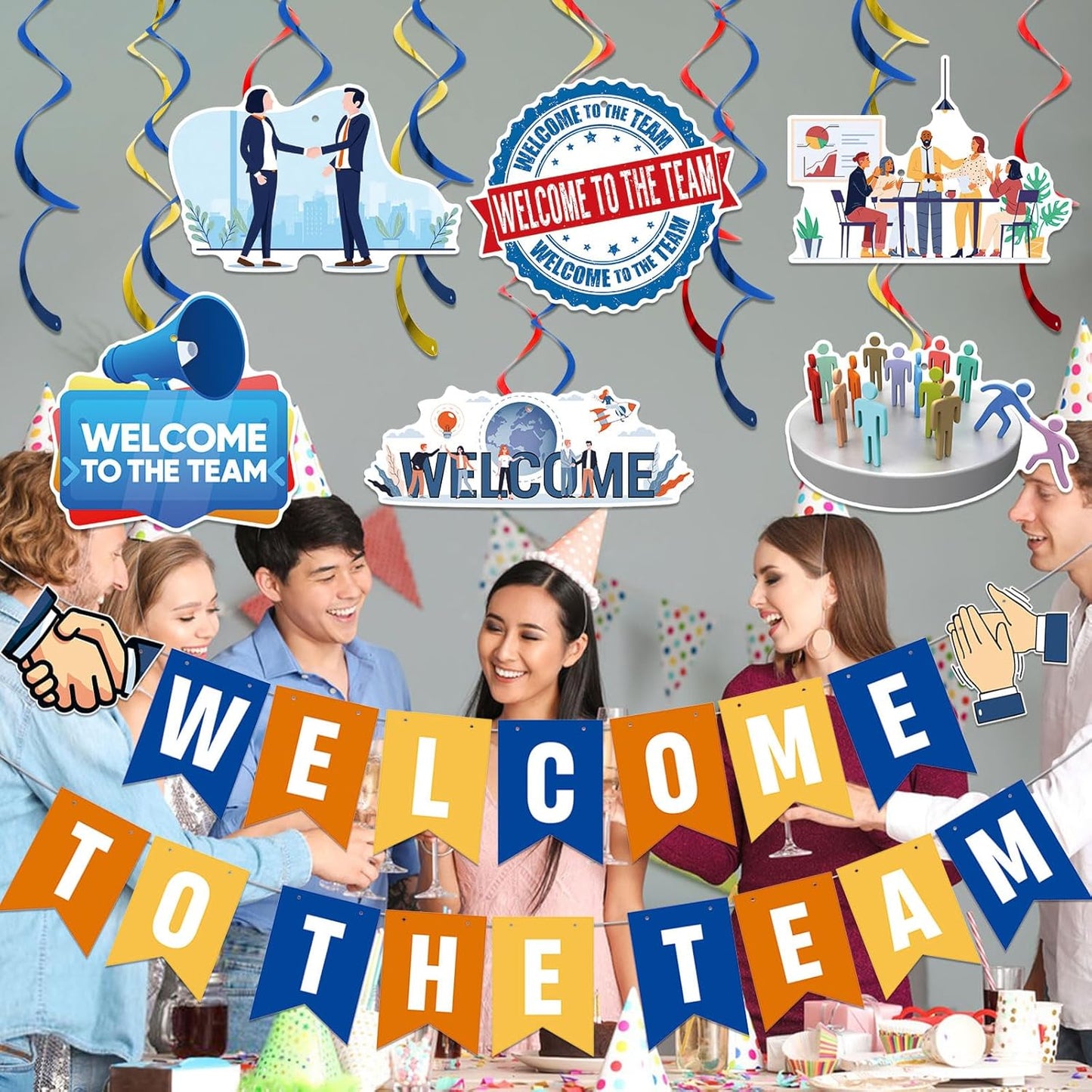Gold Glitter Welcome To The Team Banner and Hanging Swirls, Welcome Banner, Welcome Sign, Welcome Decorations for New Employee Coworker Teacher Colleague Staff Team Member Office Party