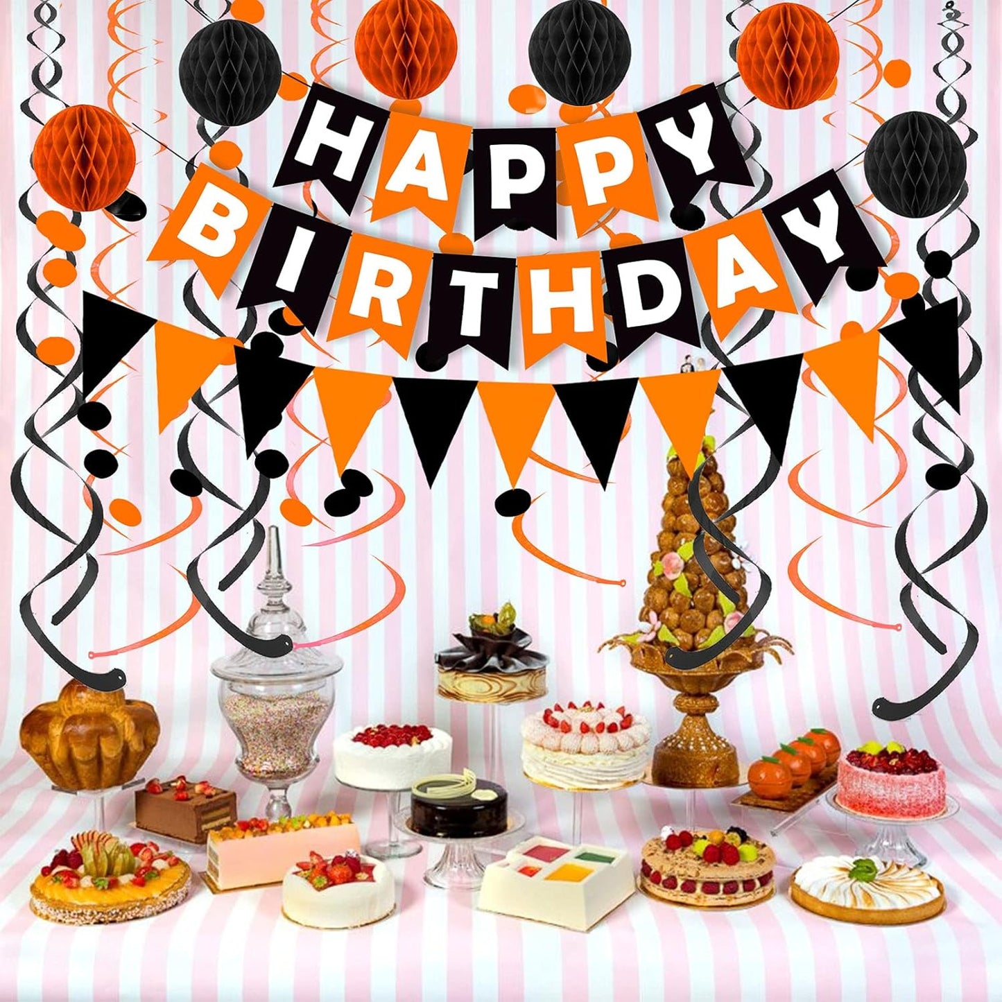 Fecedy Happy Birthday Banner With Colorful Paper Flag Bunting Paper Circle Confetti Garland Swirl Streamers Honeycomb ball for Birthday Party Decorations