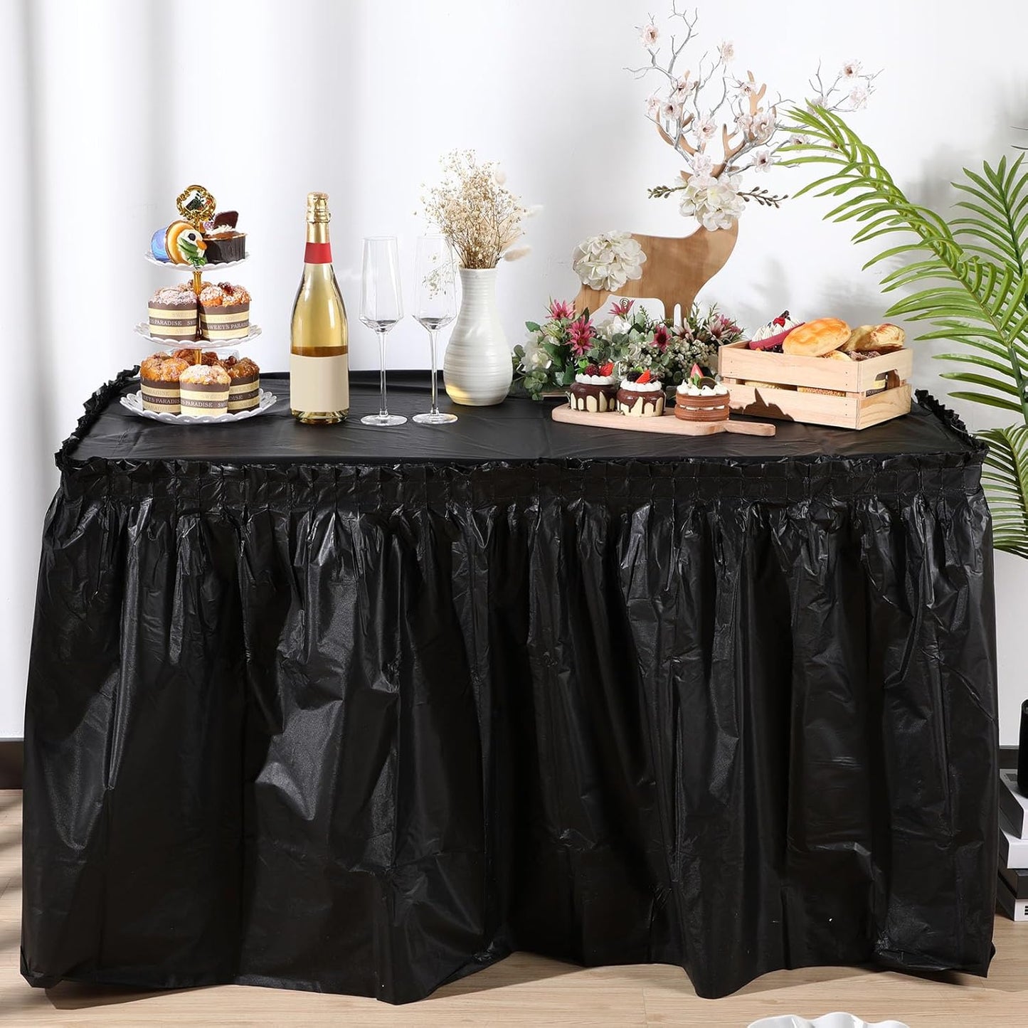 Oudain 6 Pcs Plastic Table Skirts and Stainproof Table Cloths 54 x 108 in Plastic Ruffle Tablecloth 168 x 29 Inches Disposable for Wedding Baby Shower Valentine Spring Easter Party(White)