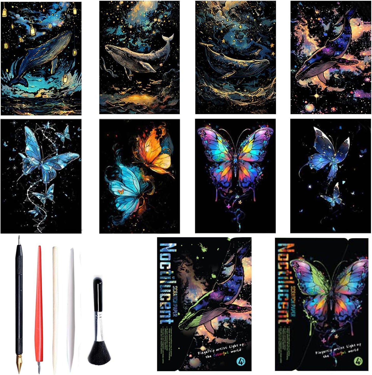 Georgie Porgy Scratch Paper Art Set for Kids Adults Magic Rainbow Scratchboards for DIY Arts and Crafts Kits Christmas Birthday Gift with Scratching Tools Kit (A4-Noctilucent Whale + Sea World)