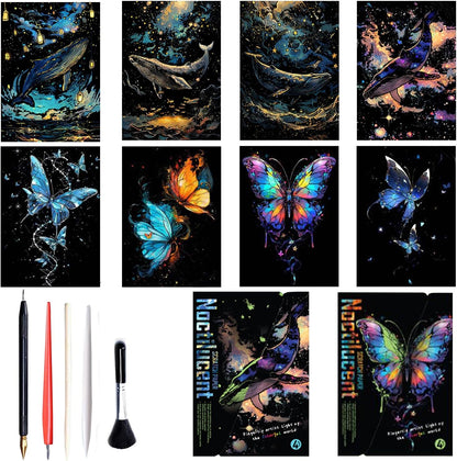 Georgie Porgy Scratch Paper Art Set for Kids Adults Magic Rainbow Scratchboards for DIY Arts and Crafts Kits Christmas Birthday Gift with Scratching Tools Kit (A4-Noctilucent Whale + Sea World)