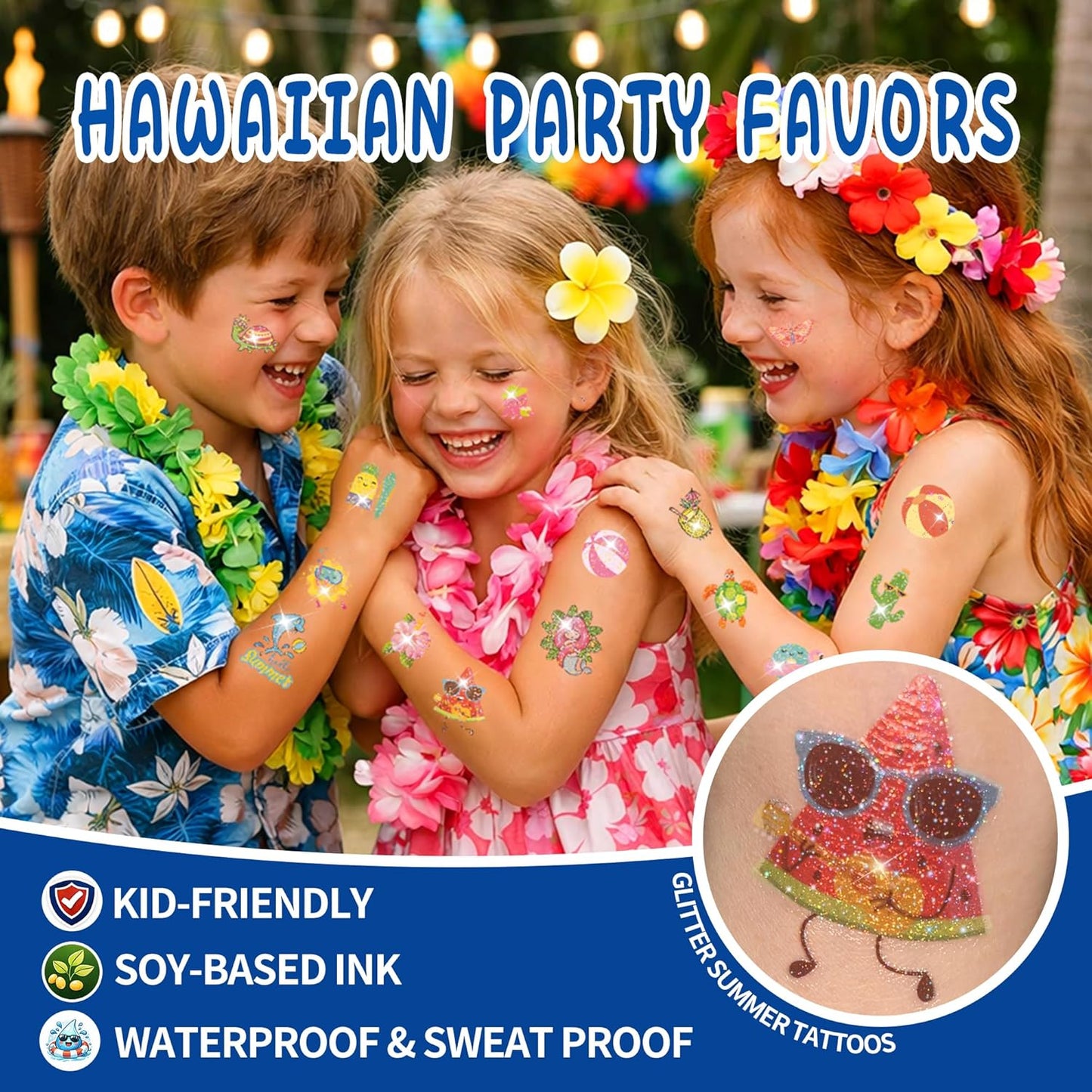 120 PCS Glitter Summer Temporary Tattoos For Kids - Hawaiian Luau Party Favors, Adults Bulk Fun Pool Party Supplies and Tropical Beach Theme Waterproof Decorations