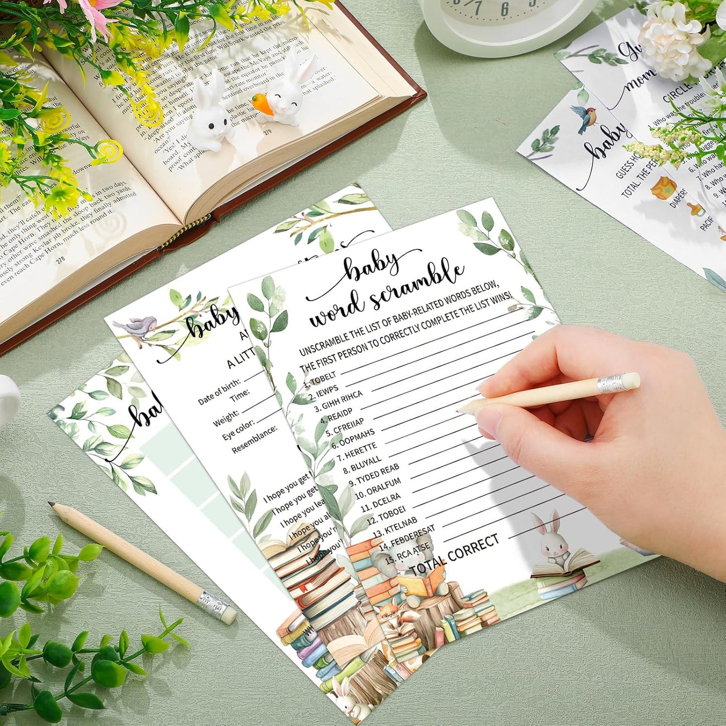 Yinder 145 Pcs Baby Shower Games Activities Cards with 20 Pencils Includes Baby Bingo Description and Wishes Guess Who Price is Right Word Scramble Game(Here Comes the Son)