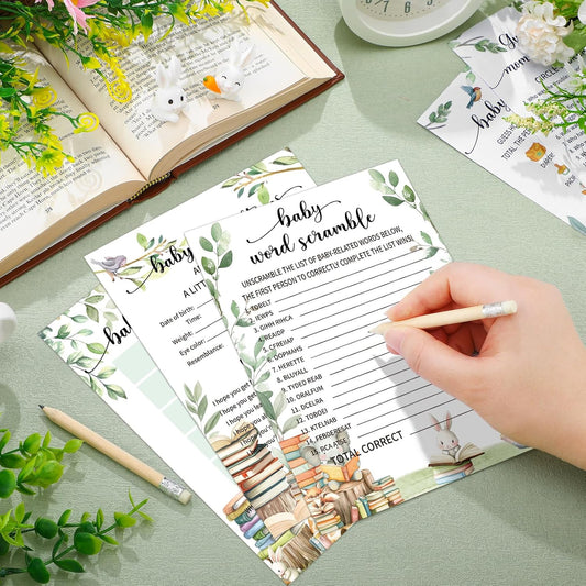 Yinder 145 Pcs Baby Shower Games Activities Cards with 20 Pencils Includes Baby Bingo Description and Wishes Guess Who Price is Right Word Scramble Game(Here Comes the Son)