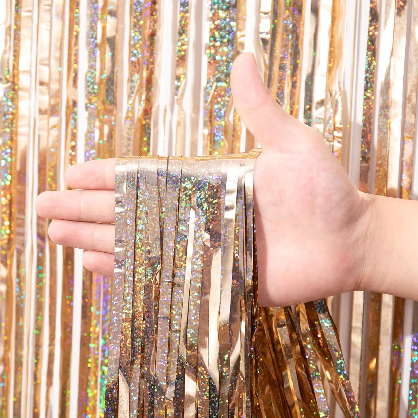 Voircoloria 3 Pack 3.3x8.2 Feet Gold Foil Fringe Backdrop Curtains, Tinsel Streamers, Fringe Backdrop for 2025 New Years Eve, Graduation, Birthday, Baby Shower, Gender Reveal, Disco Party - Colors A