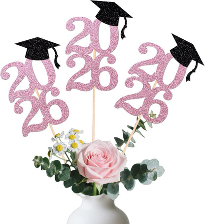 Class of 2026 Graduation Centerpieces, 10 Pcs Gold Glitter 2026 Centerpieces with Graduation Cap, Congrats Grad Party Decorations for Cake, Dessert & Centerpieces