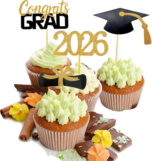 YuBoBo 2026 Graduation Cupcake Toppers, 48 PCS Food/Appetizer Picks For Graduation Party Mini Cake Decorations, Diploma, 2026, Grad Cap Set 48 Pieces (01 Gold)