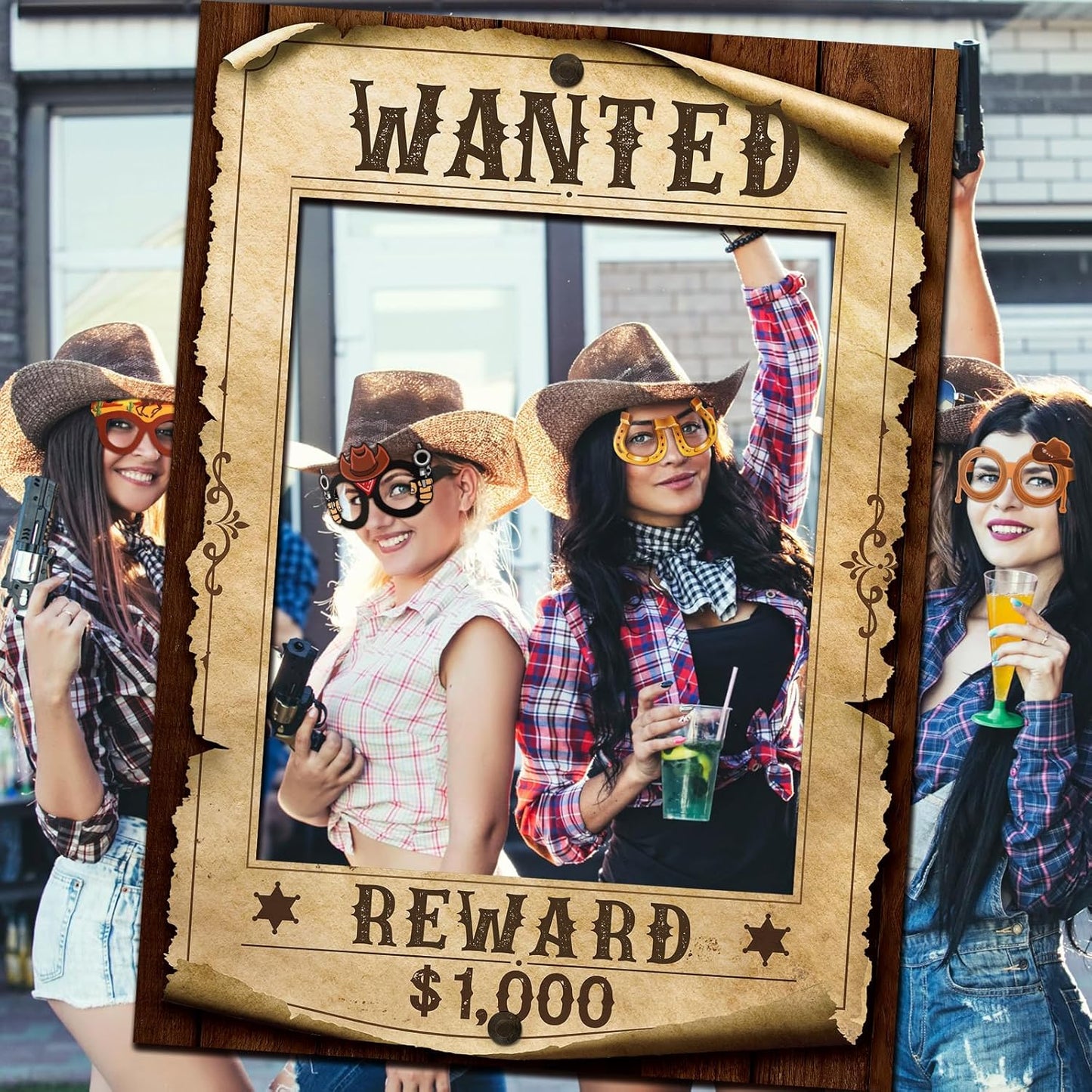 Jenaai 25 Pcs Western Cowboy Photo Booth Props with Wanted Frame, Wild West Party Decorations, Funny Paper Eyeglasses & Prop Kit for Rodeo Theme Birthday, Bachelorette Party Supplies Selfie Favors