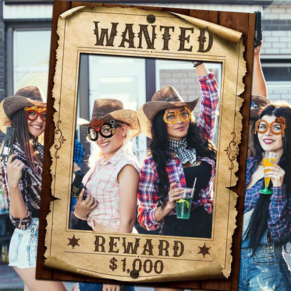 Jenaai 25 Pcs Western Cowboy Photo Booth Props with Wanted Frame, Wild West Party Decorations, Funny Paper Eyeglasses & Prop Kit for Rodeo Theme Birthday, Bachelorette Party Supplies Selfie Favors