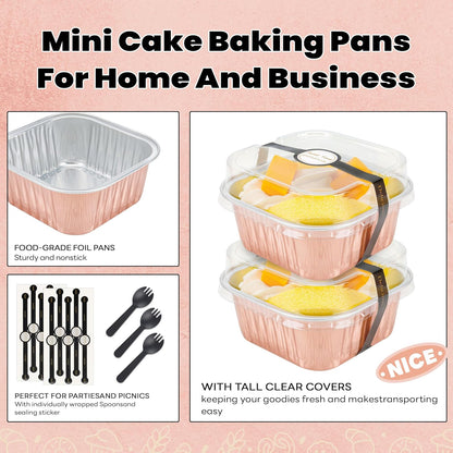 NPLUX 50 Pcs Mini Cake Pans with Lids and Spoons Aluminum Foil Mini Square Baking Cups with Lids Disposable Ramekins Cake Pans Dessert Cups for Wedding Mothers Day Gifts Party Favors(Pink,5oz)