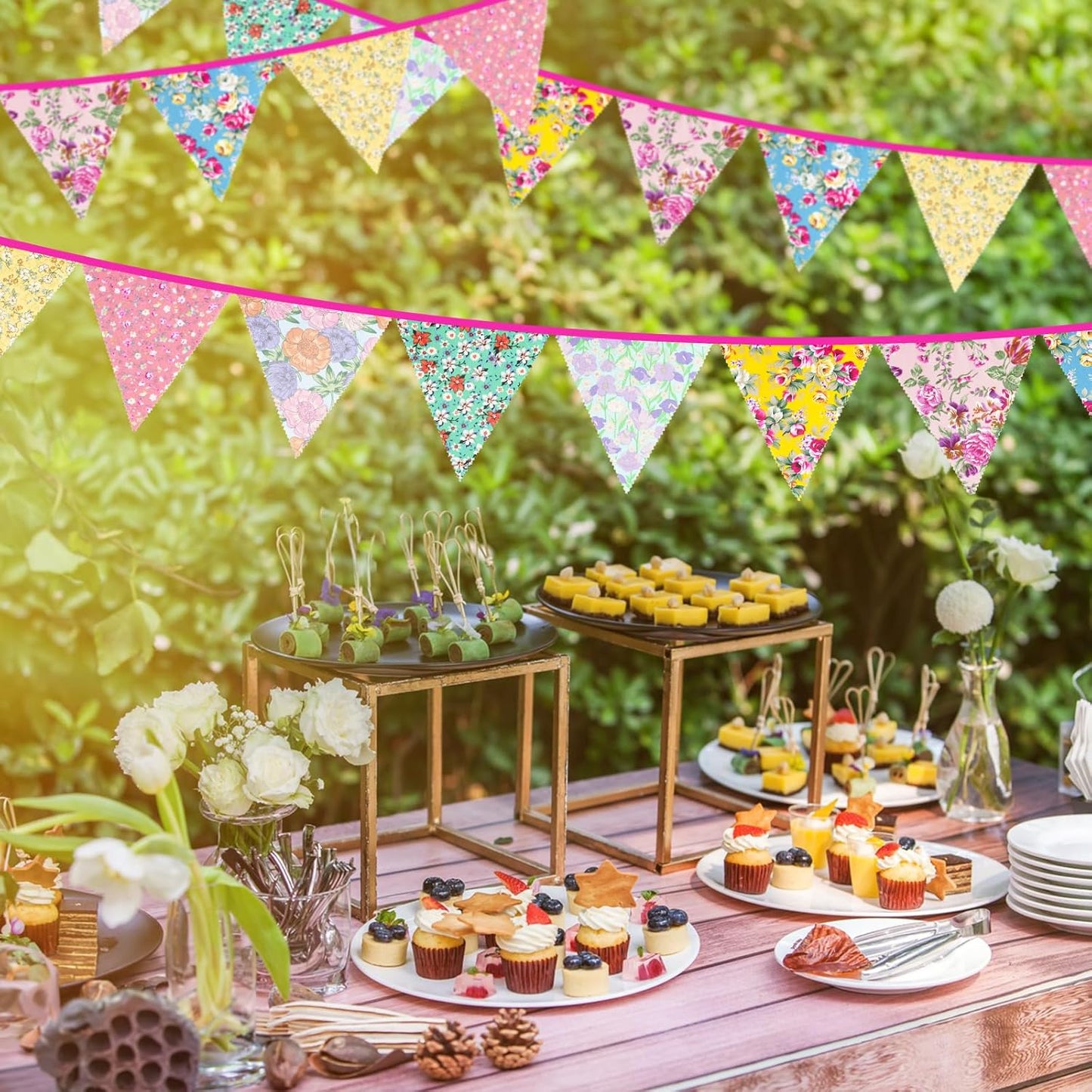 G2PLUS 39Ft Triangle Bunting Banner, 42Pcs Pink Floral Garland Pennant Banner, Reusable Cotton Triangle Flags Party Decoration for Birthday, Wedding, Garden Tea Party, Baby Shower, Room Decor