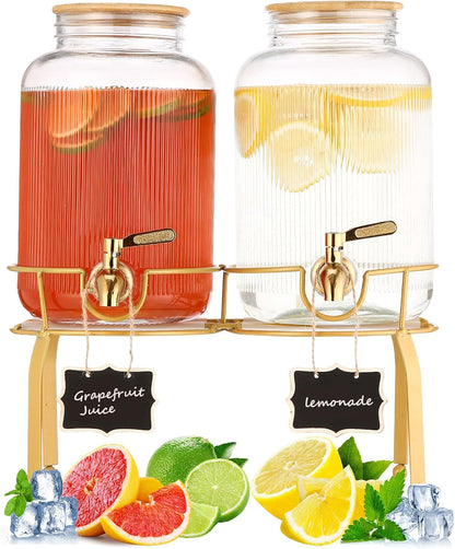 1 Gallon Glass Drink Dispenser with Stand, 2pack Drink Dispensers For Parties, Beverage Dispenser With Bamboo Lid and Stainless Steel Spigot Leakproof, Use On Sun Tea, Juice, Lemonade Dispenser