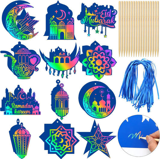 Motipuns 96 Pcs Blue Ramadan Craft Scratch Paper Eid Mubarak Art Kits Magic Color Scratch Off Cards Hanging Ornaments Craft Al-fitr Home Activity for DIY Drawing Project Party Supplies