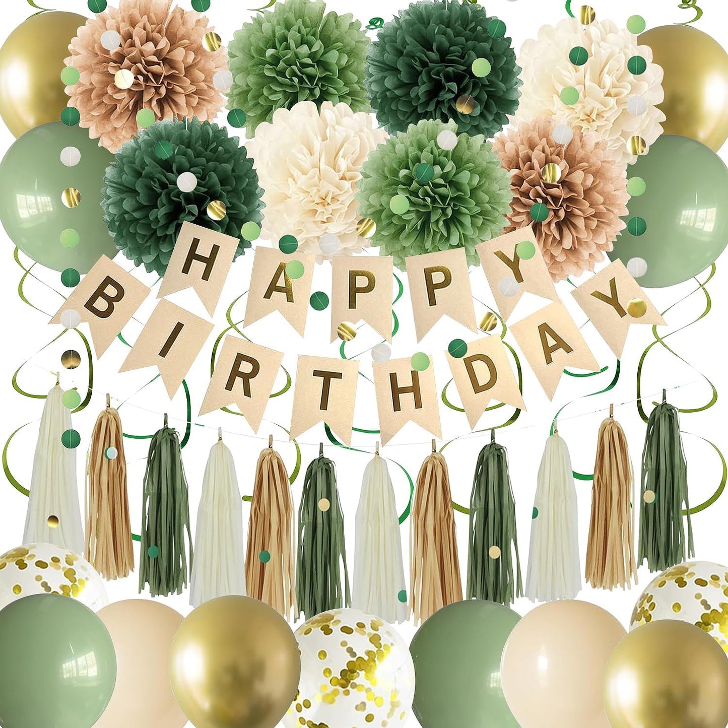 Green Birthday Party Decorations for Women Girls with Happy Birthday Banner,Tissue Paper Pompoms, Paper Tassel,Circle Garland,Hanging Swirl,Decorations Balloons for Party Decor (sage green)