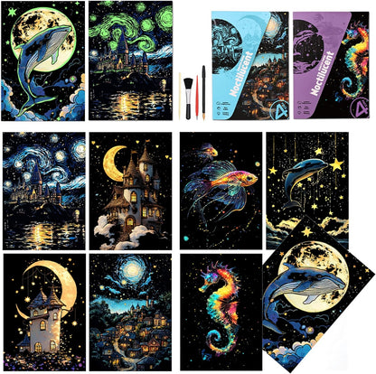 Scratchboard Art for Adult Luminous Scratch Painting Kits, A5 Scratch Art Rainbow Painting Paper 8 Sheet with 4 Tools, Scratchboard for Teens & Adults, Fun Creative Craft Toy/Gifts/Decor, Dreams