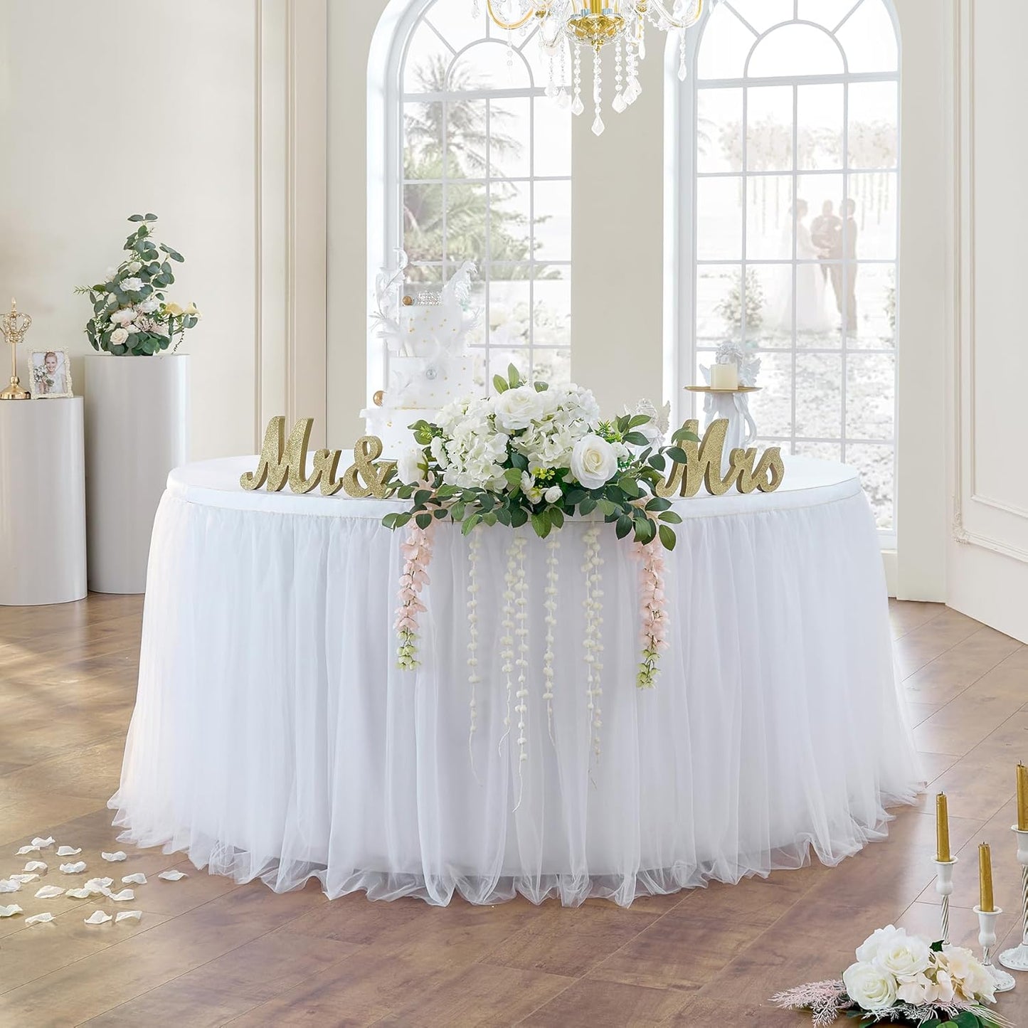 72inch Champagne Gold Tulle Table Skirts for Rectangle Round Tables, Gold Grim Ruffle Tulle Tutu Cloth Table Skirt 6ft for Wedding Birthday Party Cake Dessert Decor(No Top Cover)