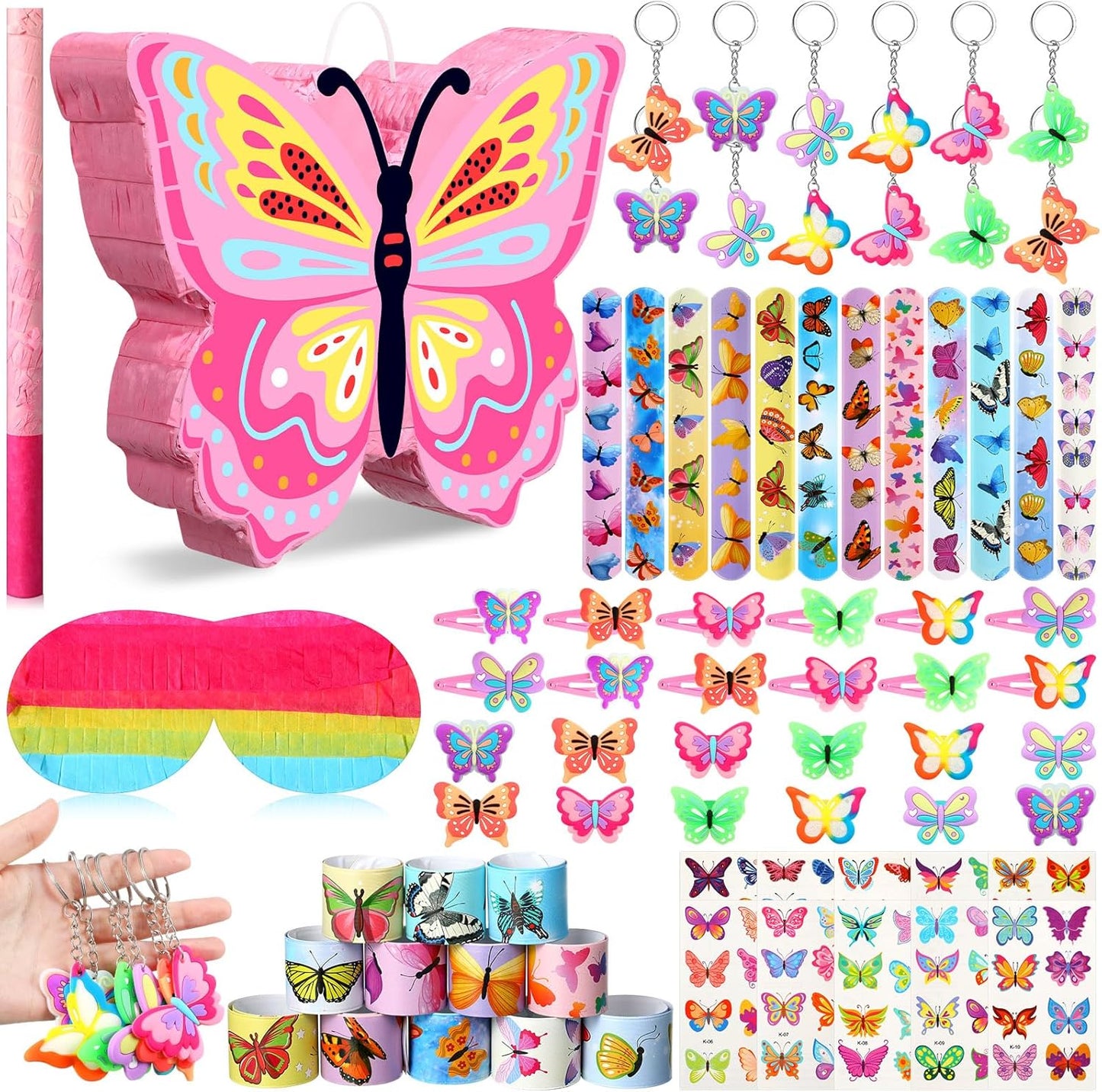 Pasimy 51 Pcs Butterfly Piñata Set Butterfly Birthday Party Supplies Piñata with Stick Blindfold Sticker Hairpin Ring Slap Bracelet Keychain Party Favors for Family Game Decoration(Pink)