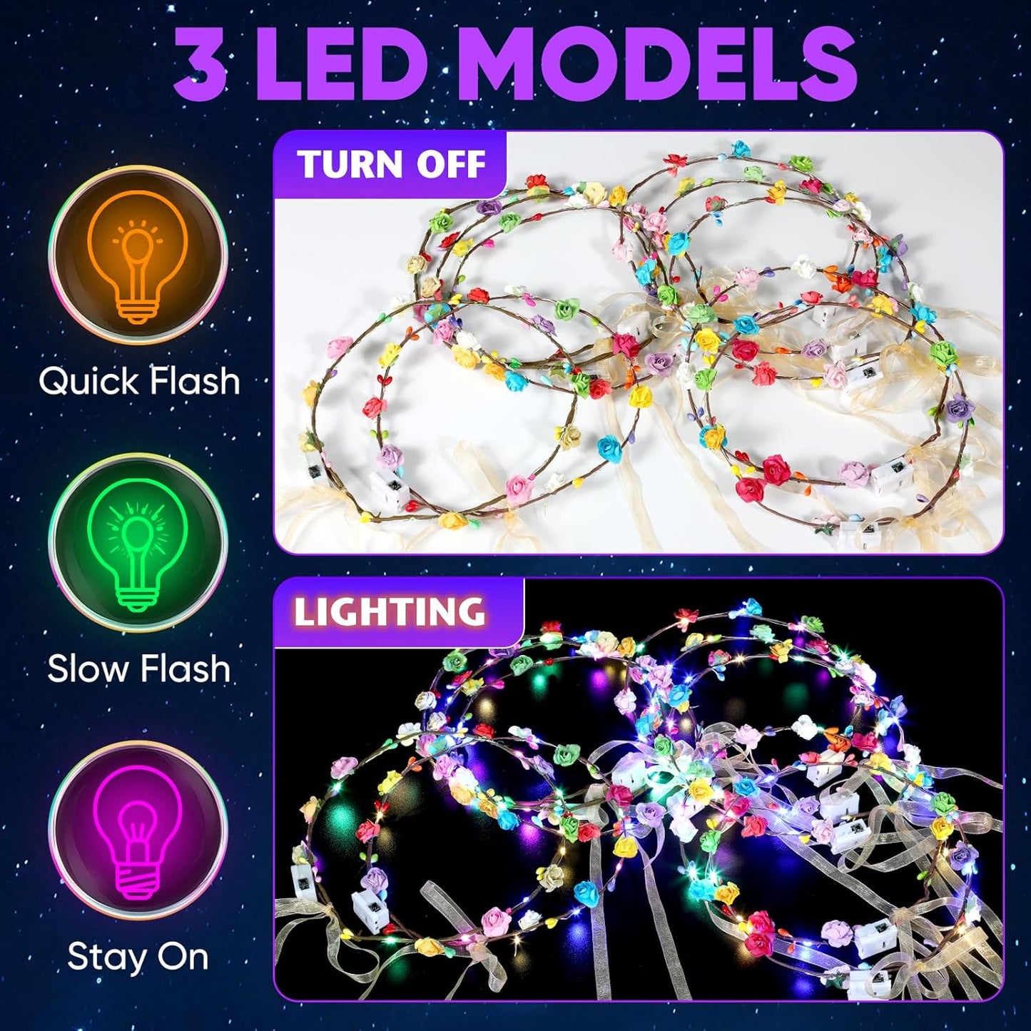 50 PCS LED Flower Crowns Headbands with Ribbons, Light Up Flower Headband for Women, Glow in the Dark Party Supplies for Wedding Birthday Party
